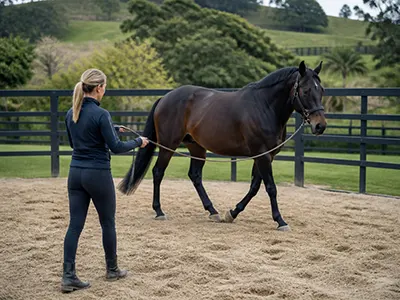 young warmblood developing confidence through round pen education